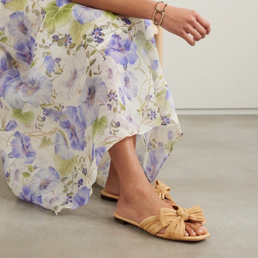 Loeffler Randall Daphne Bow-Embellished Pleated Raffia Slides